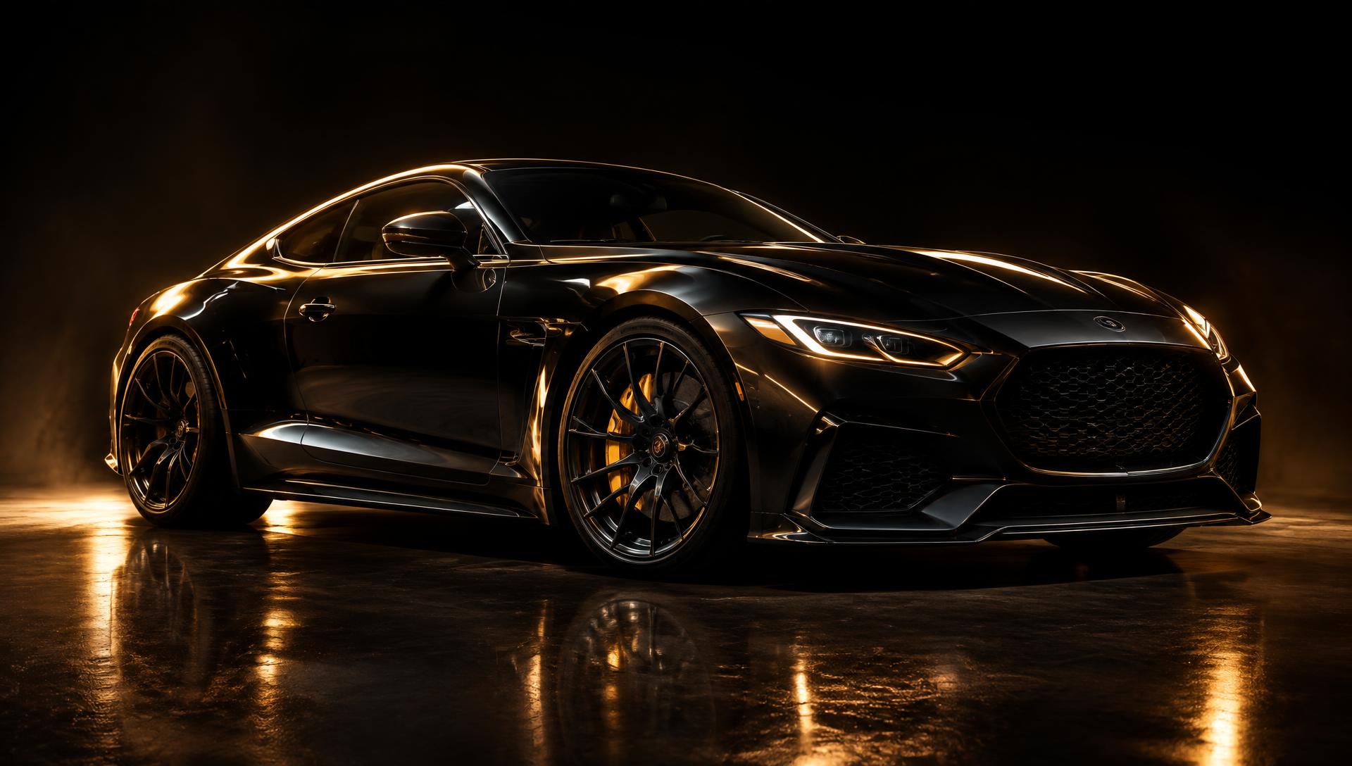 Black sports coupe with paint protection film under gold studio light